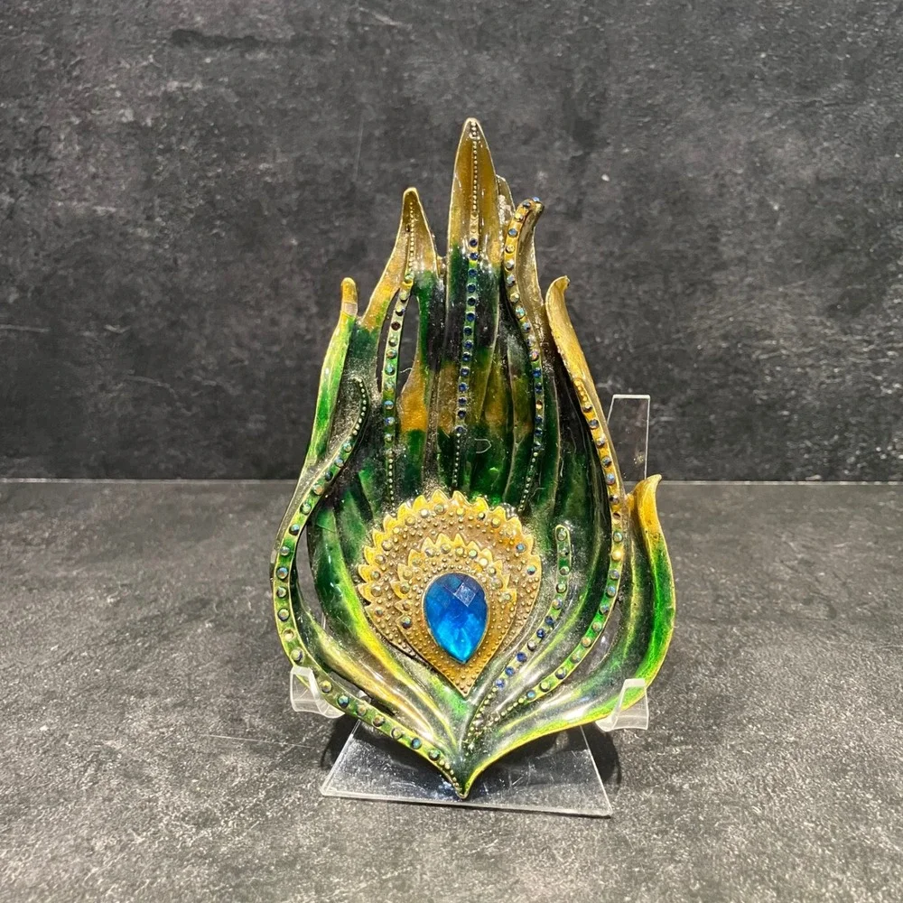 Decorative Peacock Feather Enamel Trinket Dish Green Gold Blue Rhinestone